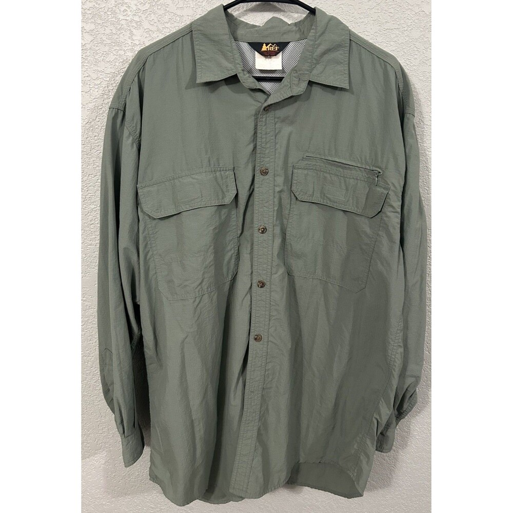 REI 90s Men's Hiking Fishing Long Sleeve Button Down Size L Sage Green Vented